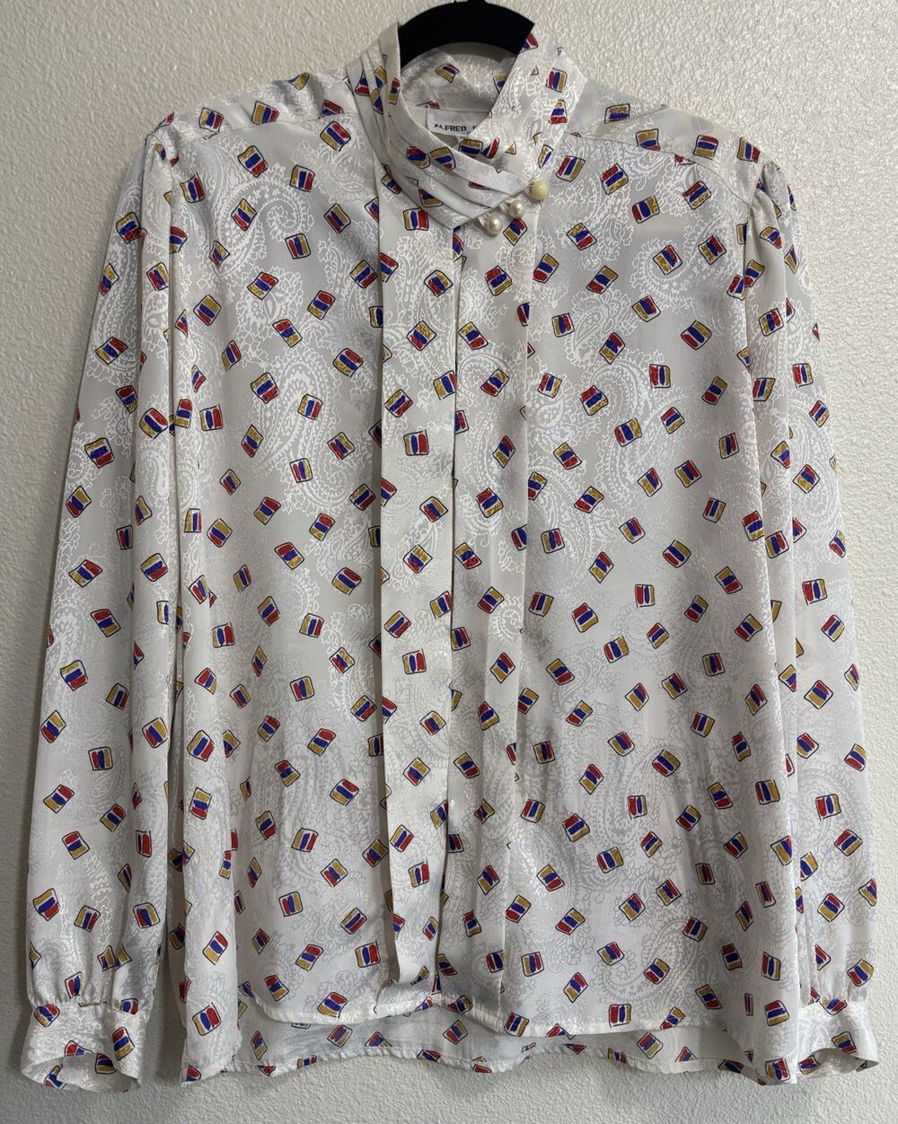 Vtg Button Down Blouse 80s Art Teacher Retro Primary Colors Women’s Size 8 (38)